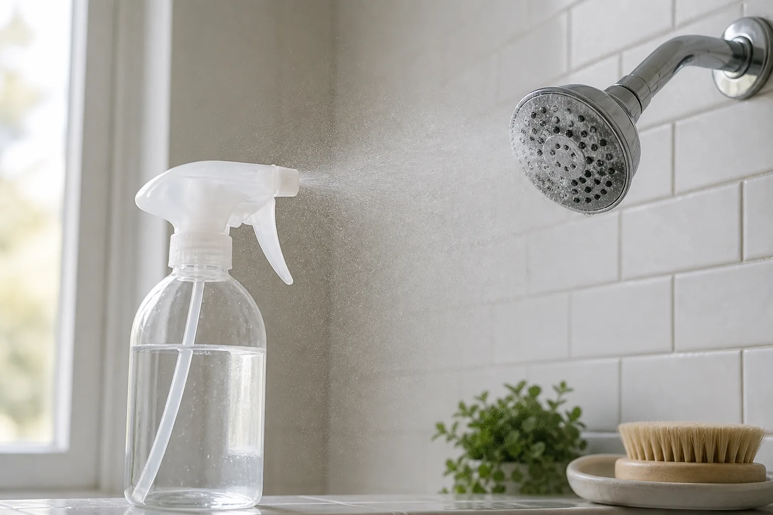 A controlled cleaning spray and brush beside a showerhead