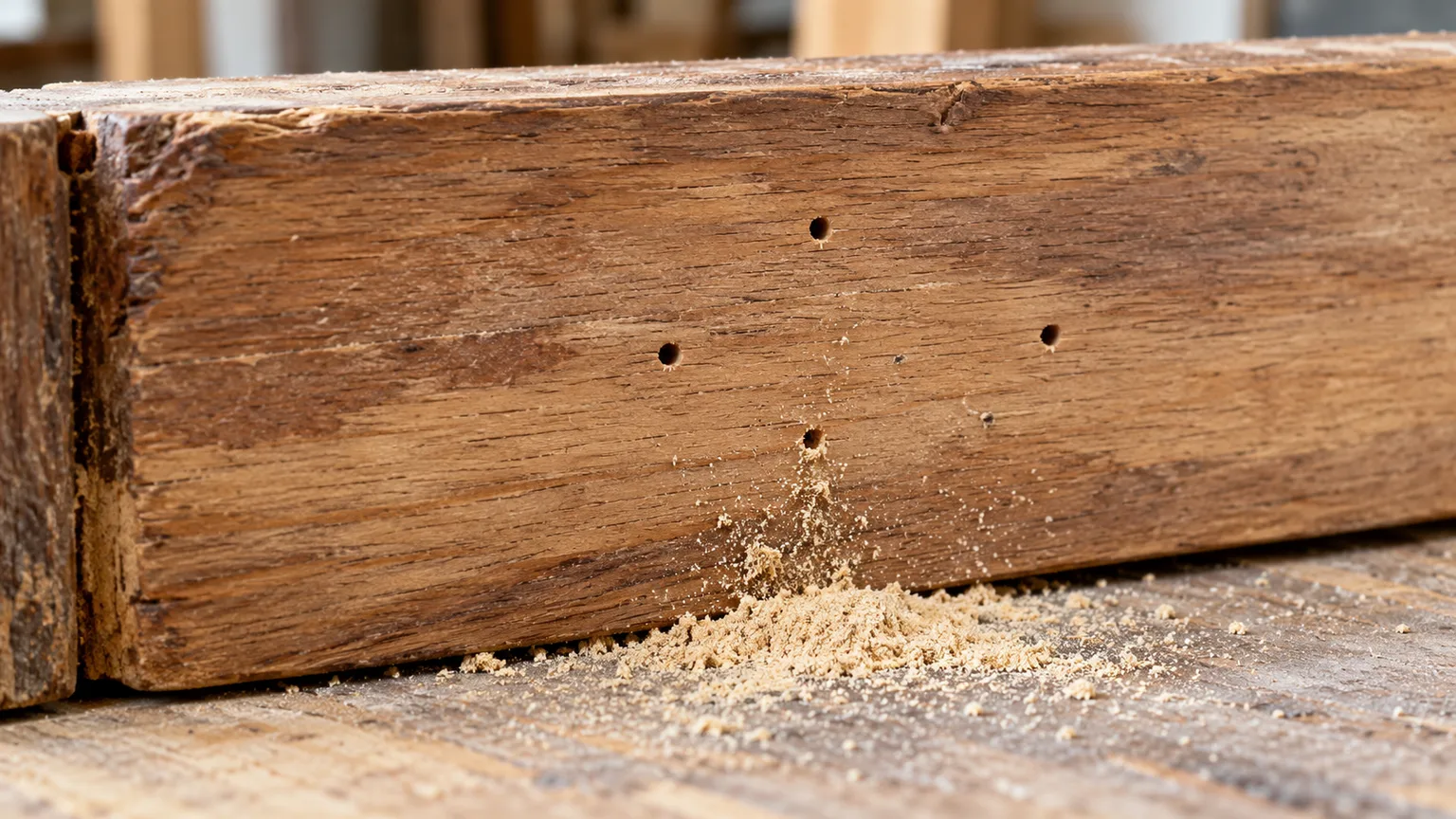 Small round beetle exit holes and pale powder on a hardwood board