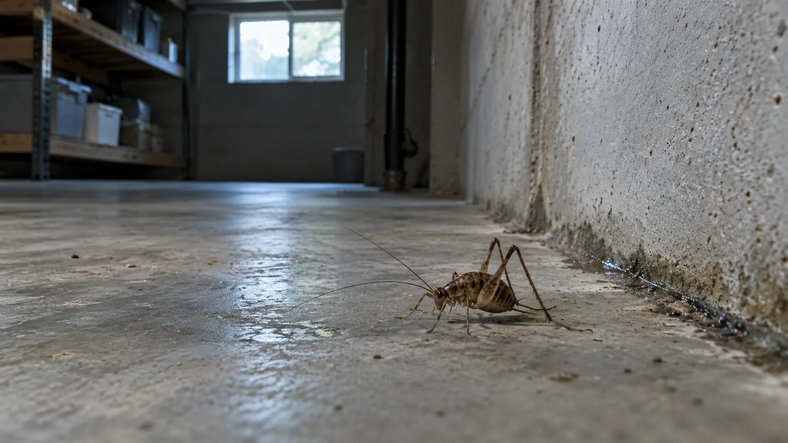 Brown wingless camel cricket on a damp basement floor beside a foundation wall