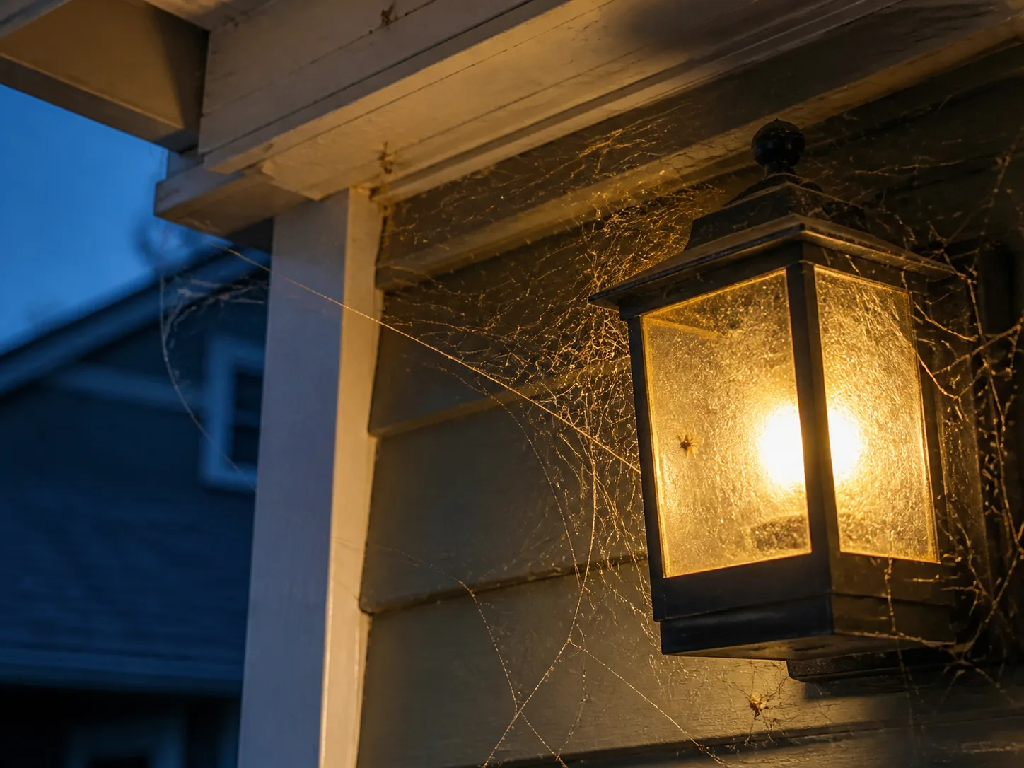 Spider webs and insects gathered around a warm outdoor light beneath an eave