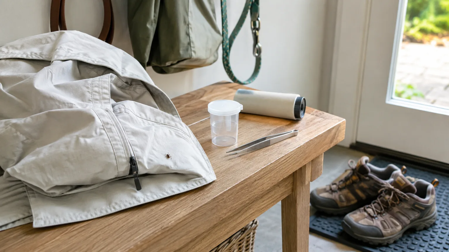 Tick on an outdoor jacket beside tweezers and a specimen container at a home entry station