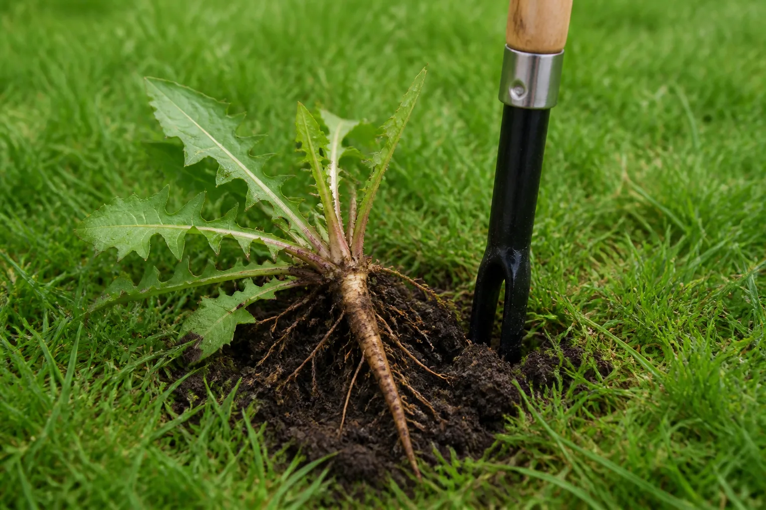 A dandelion taproot is lifted from turf with a narrow weeder, showing why pulling only the leaves is not enough.