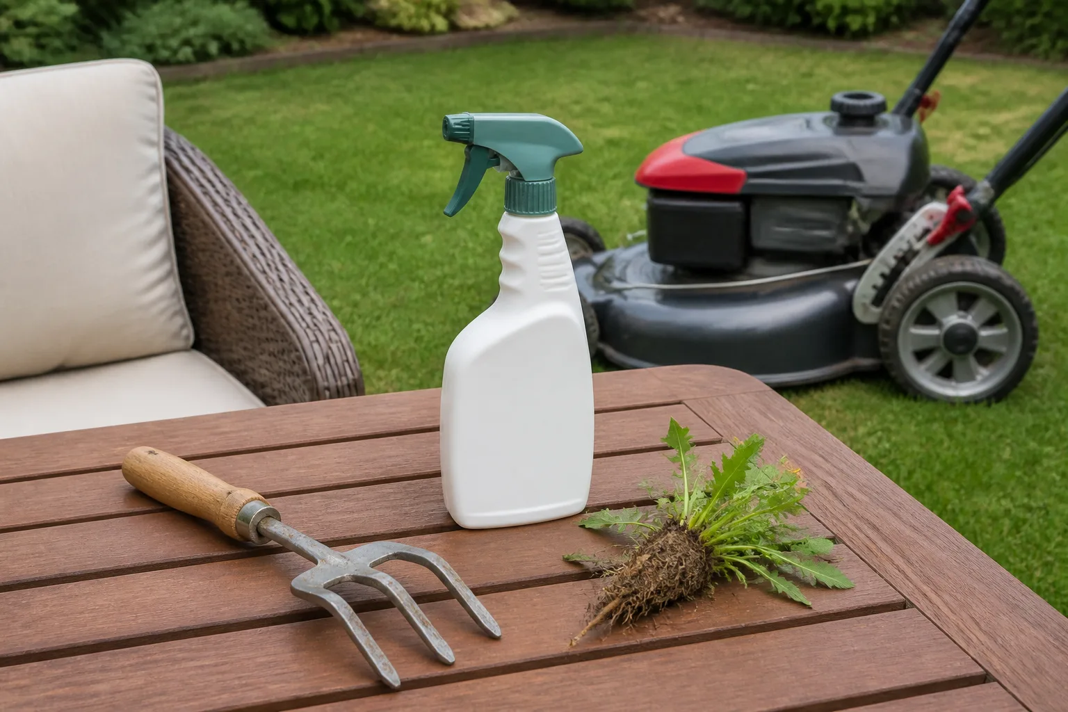 Hand weeder and pulled dandelion beside a lawn spray bottle and mower