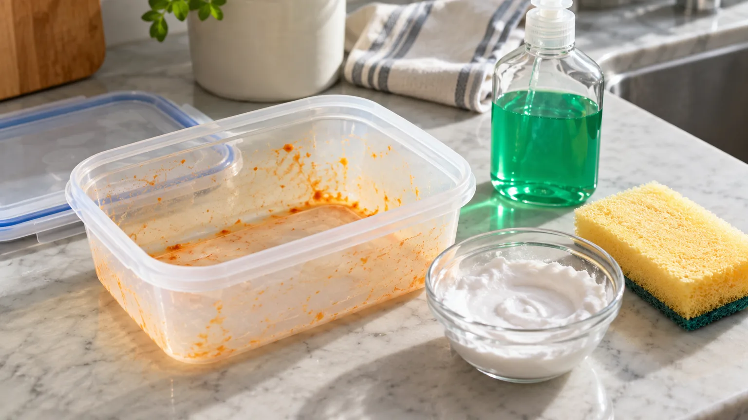 Open tomato-stained plastic food container beside baking-soda paste, dish soap, and a soft sponge