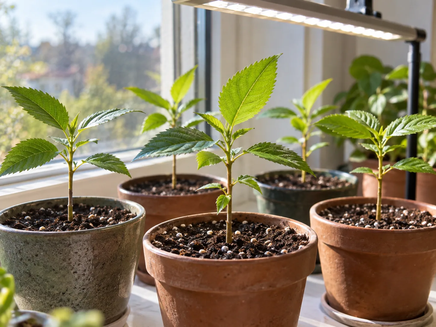 Young tree seedlings growing in pots after germination, ready for continued root development.