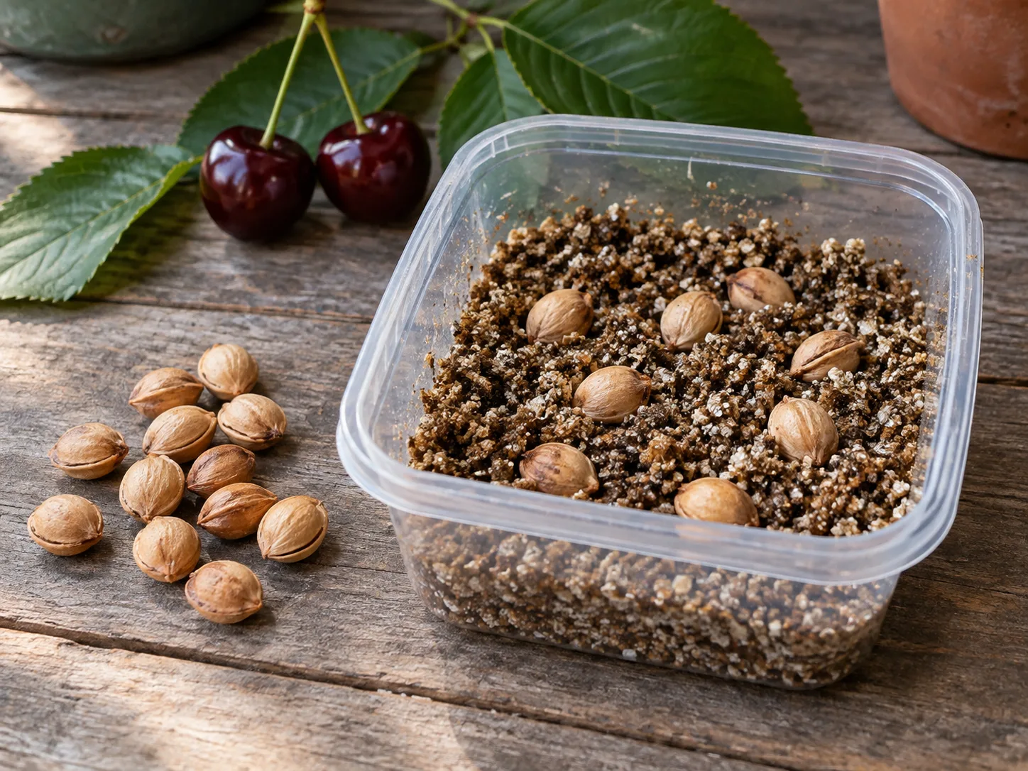 Cherry seeds held in moist medium for species-specific cold stratification
