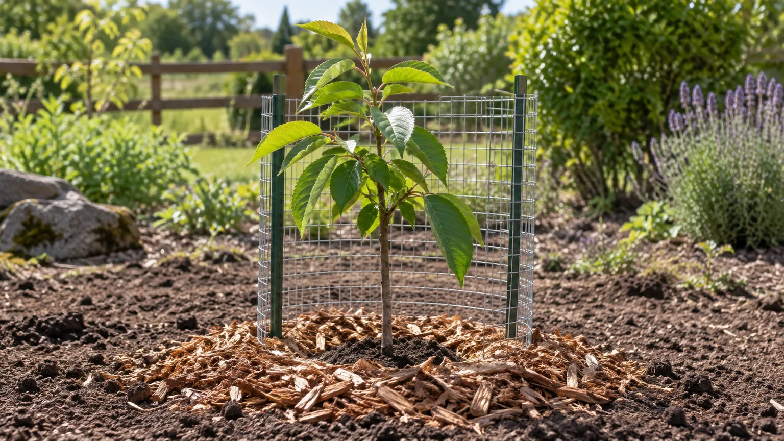 Exposed roots of a young tree spread inside a broad planting hole before backfilling.