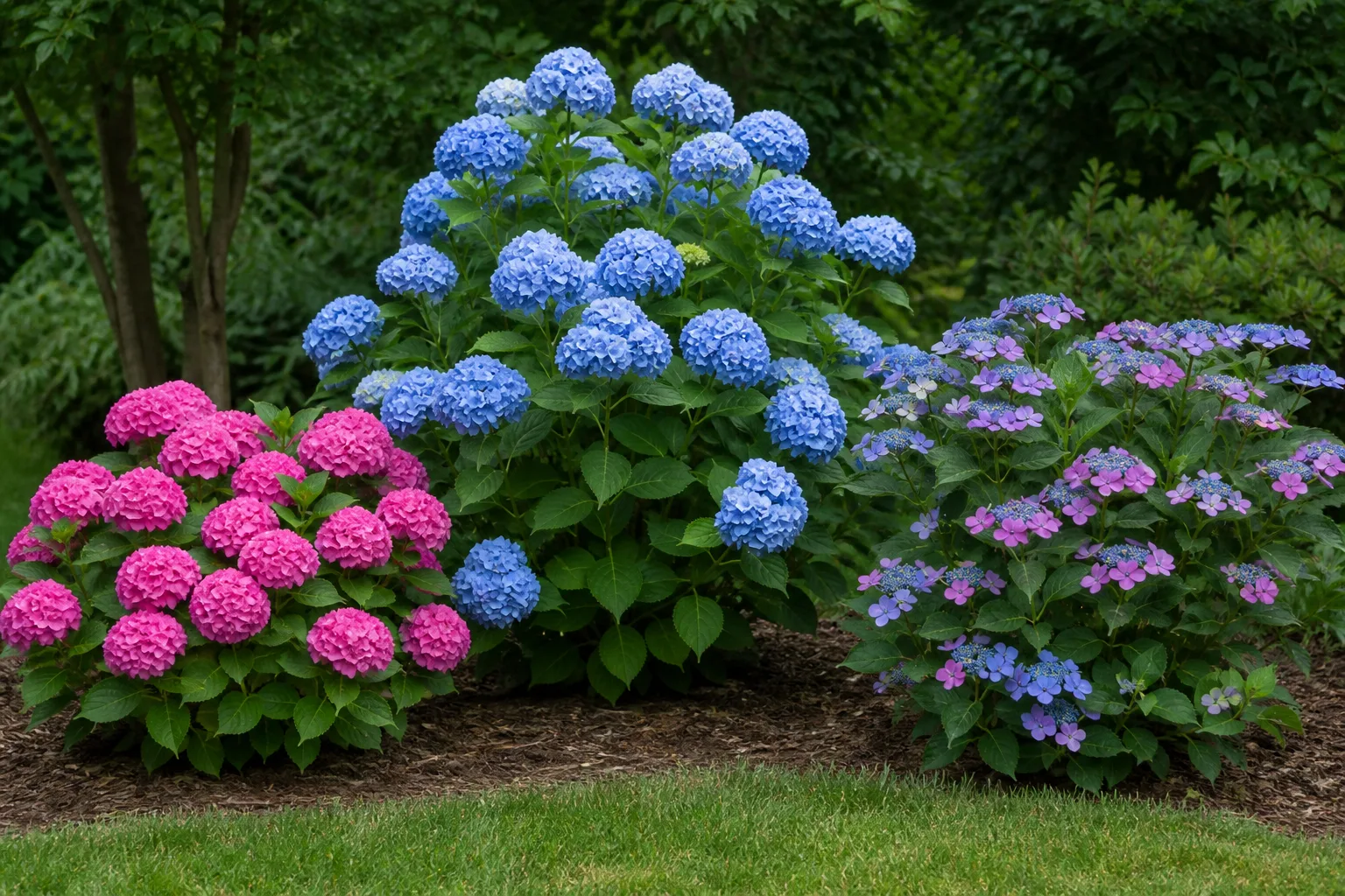 Pink and blue bigleaf hydrangea flowers showing the range of color in mophead and lacecap forms