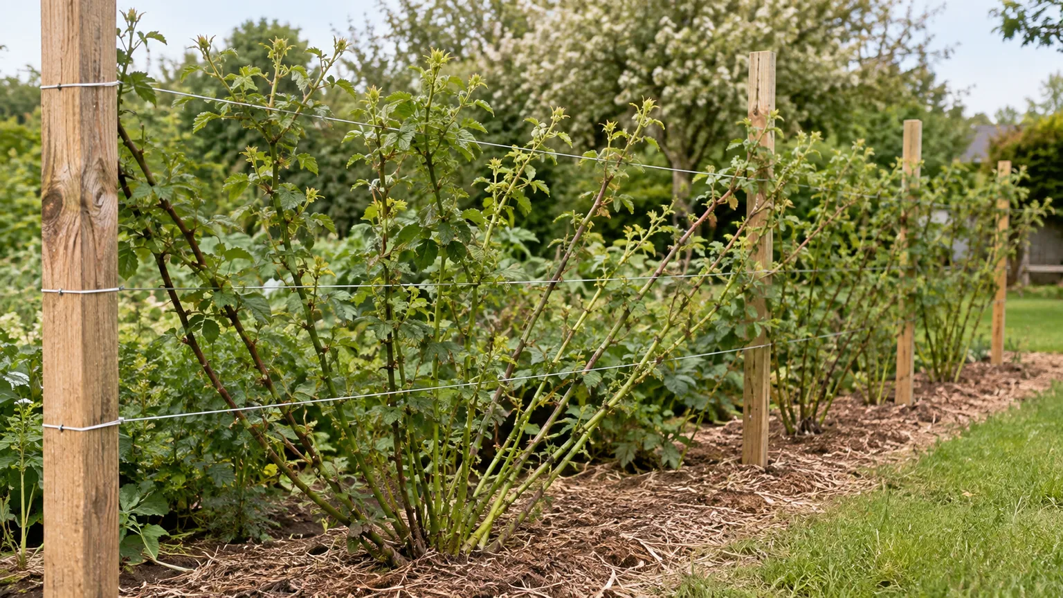 Blackberry canes and fruit growing along a simple garden support wire.