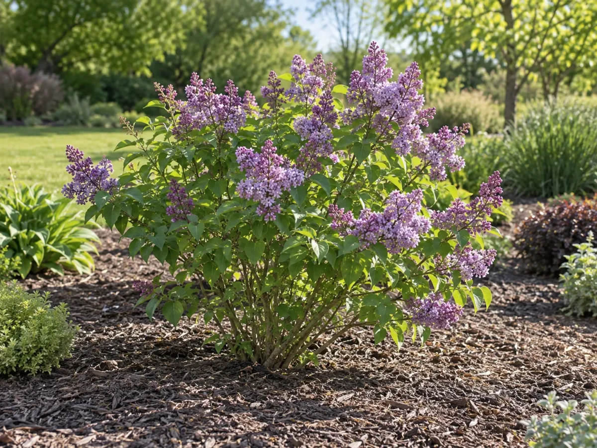 Young Bloomerang lilac with lavender panicles planted in a sunny, open garden bed