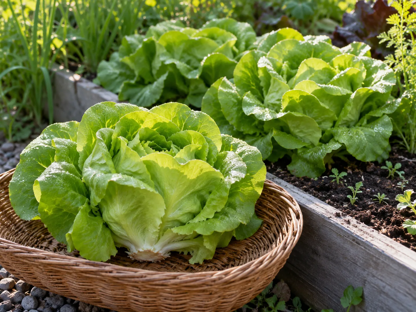 A freshly harvested butterhead lettuce head beside mature heads in a raised garden bed