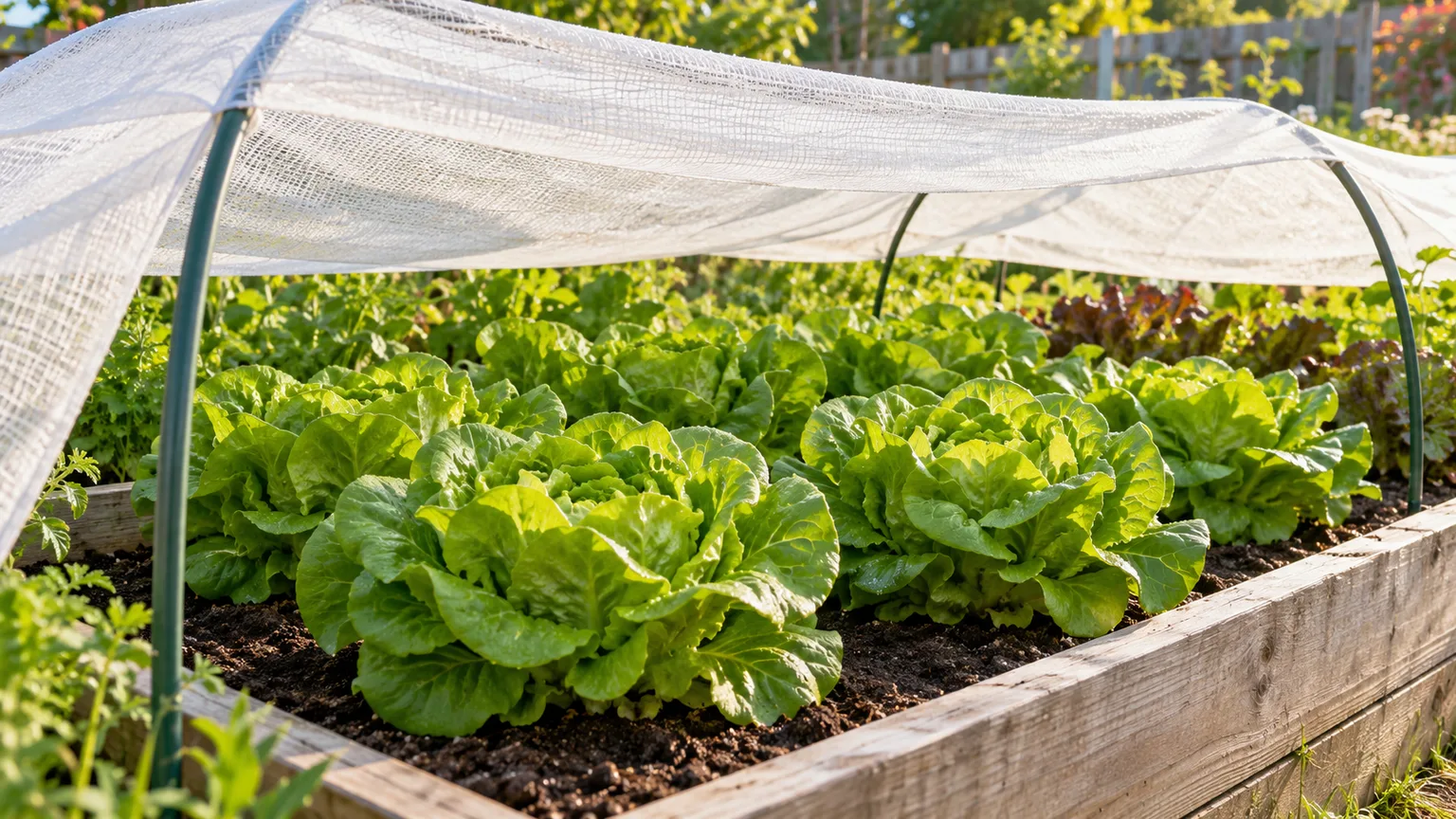 Butterhead lettuce heads growing beneath raised, breathable shade cloth in a garden bed