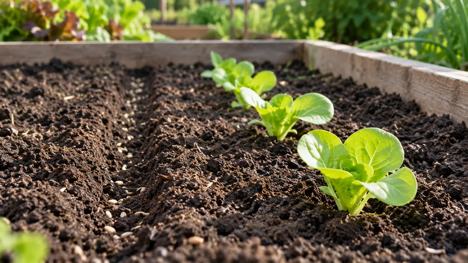 A shallow row of butterhead lettuce seeds and young seedlings in a prepared outdoor bed