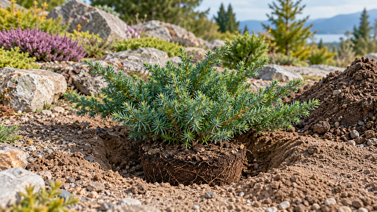 Common juniper root ball set at soil level in a sunny, sharply drained rock garden