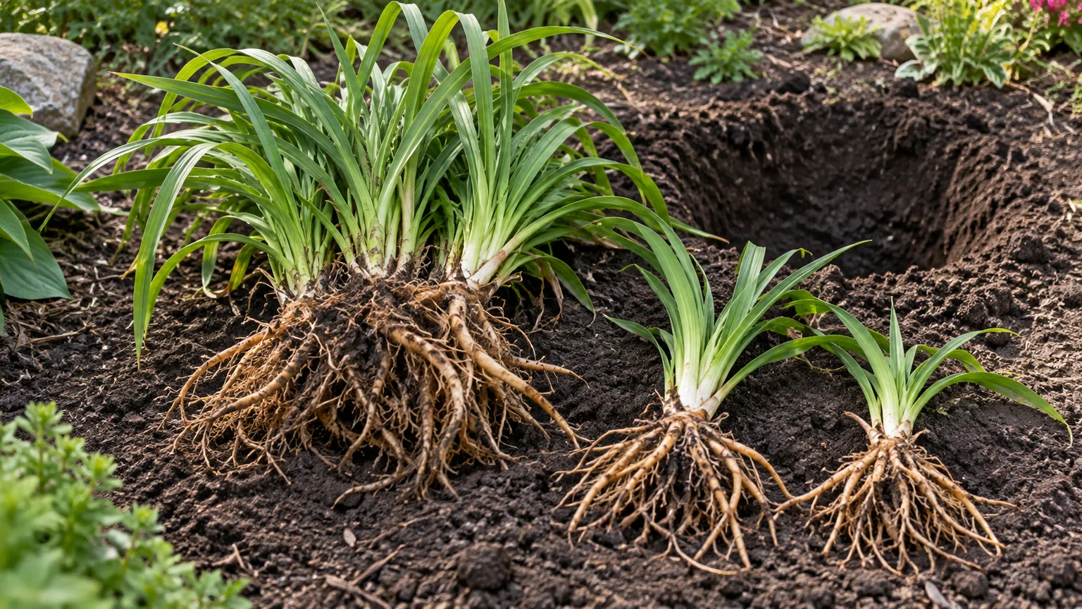 A divided daylily clump shows the roots and shoots that need to remain together in a viable division.
