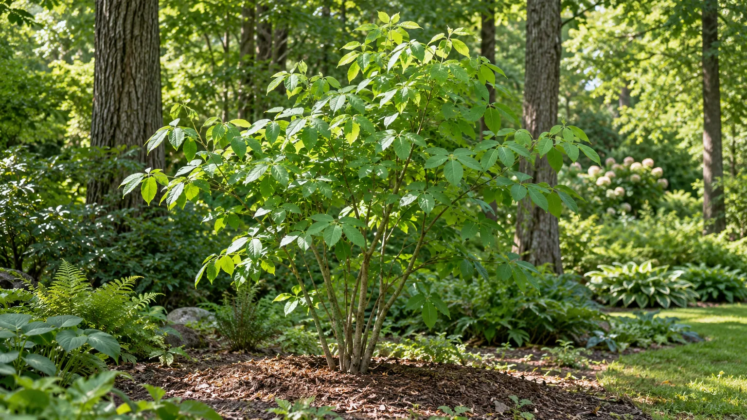 A young hoptree planted at the edge of a dappled woodland garden with room for its mature spread