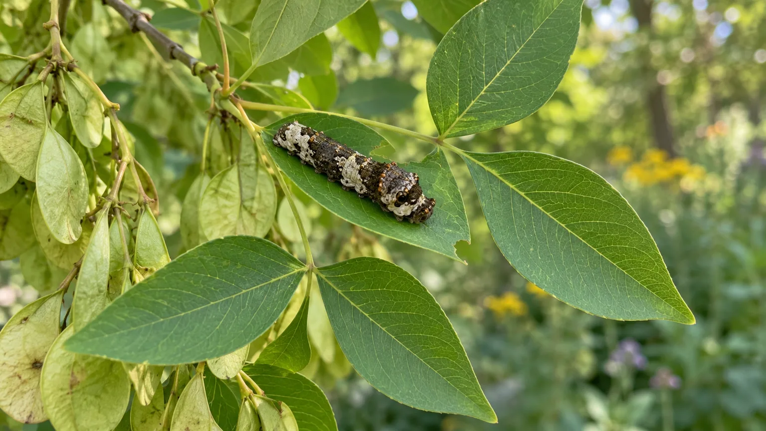 A giant swallowtail caterpillar feeding on the trifoliate leaves of a hoptree