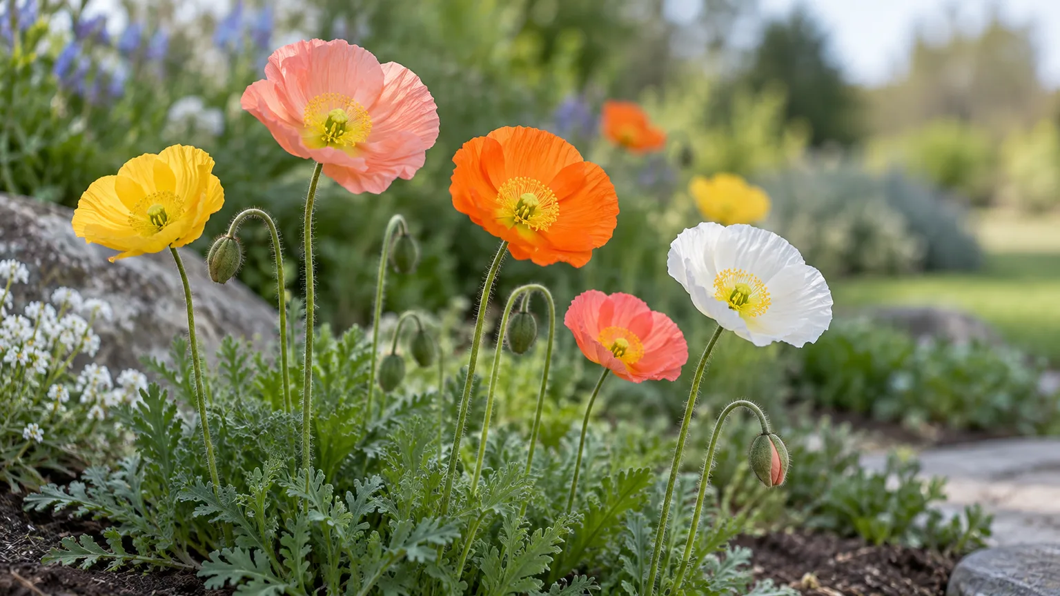 Iceland poppies with silky yellow, apricot, orange, pink, and white flowers above finely divided foliage in a cool spring garden