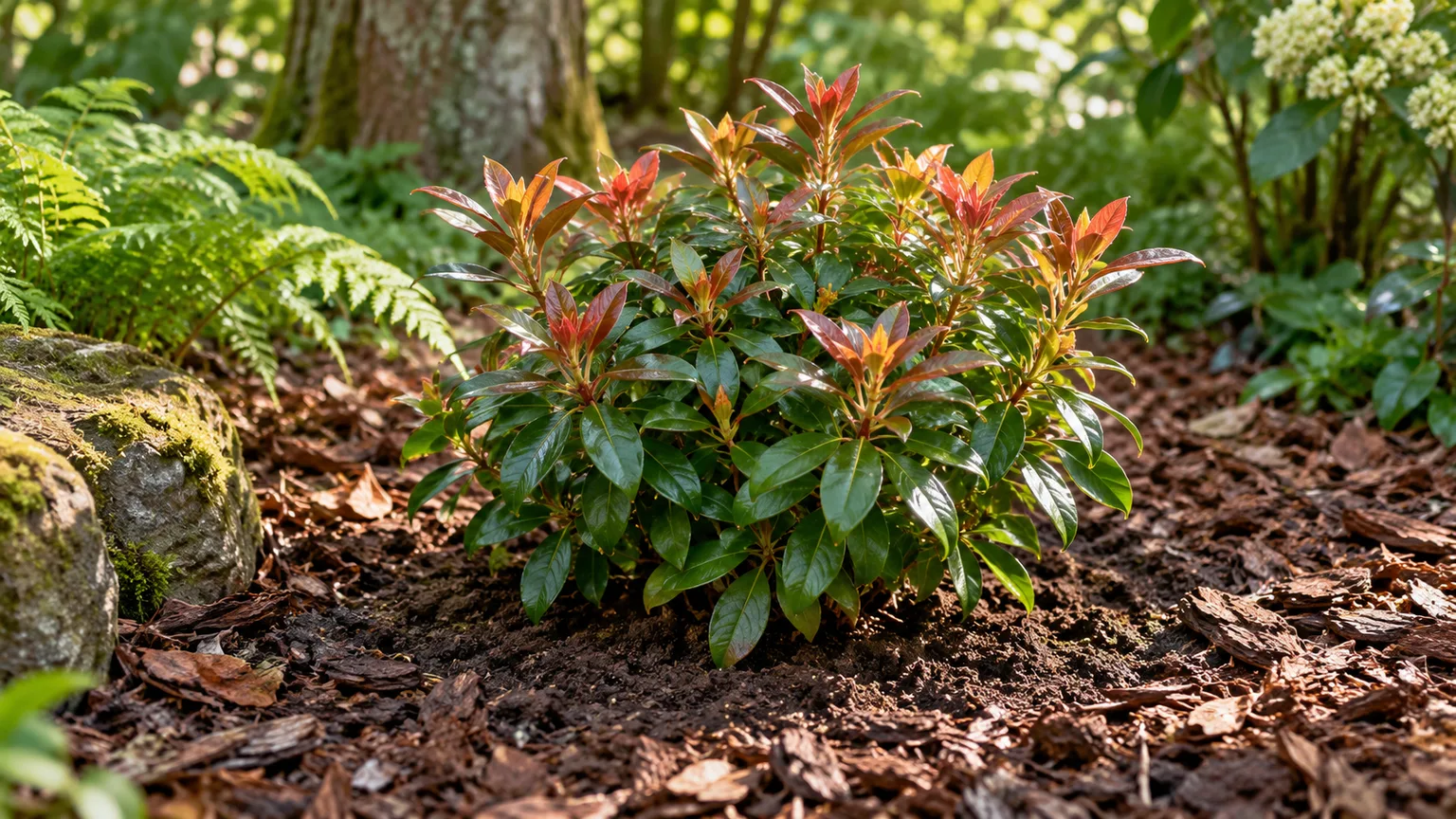 Japanese andromeda planted at the right depth in a sheltered woodland bed with mulch kept away from its stems