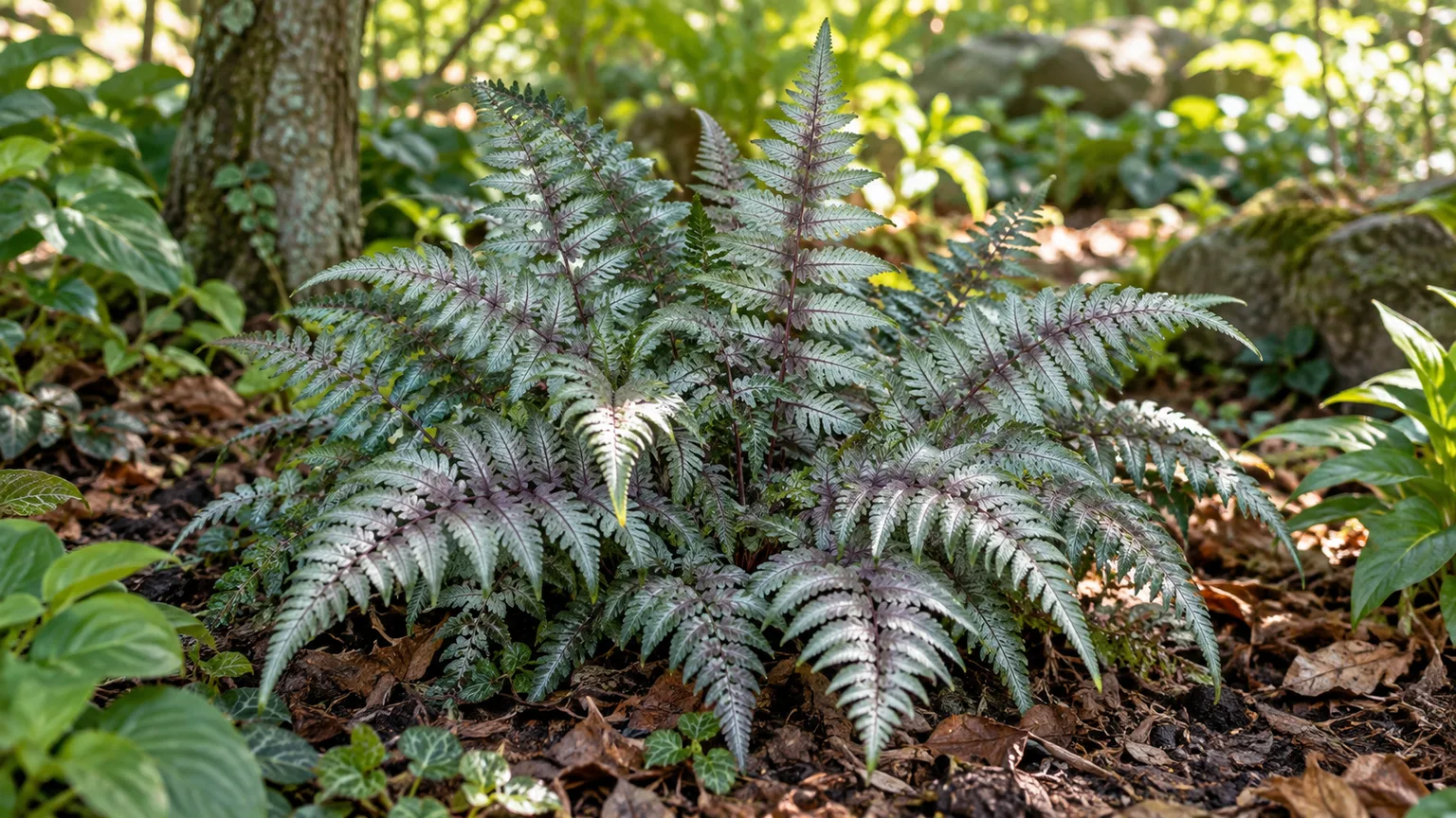 Japanese painted fern with silver-gray fronds and burgundy midribs in a shady woodland garden