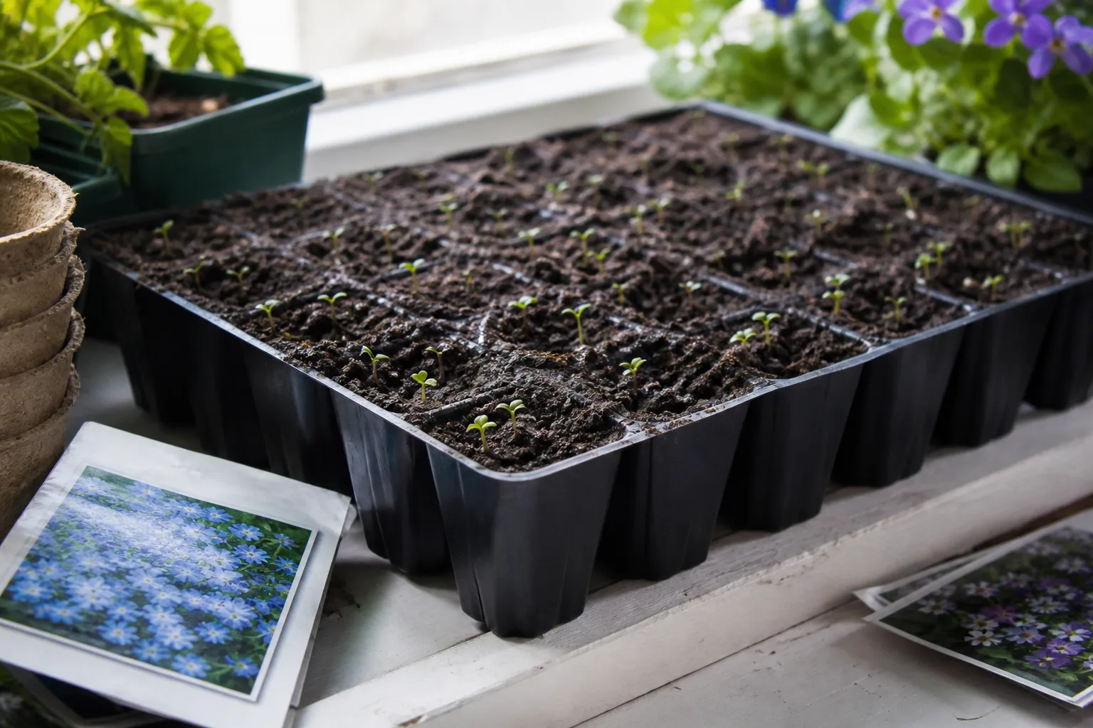 Lobelia seedlings emerging on moist sterile seed-starting mix in a bright indoor seed tray