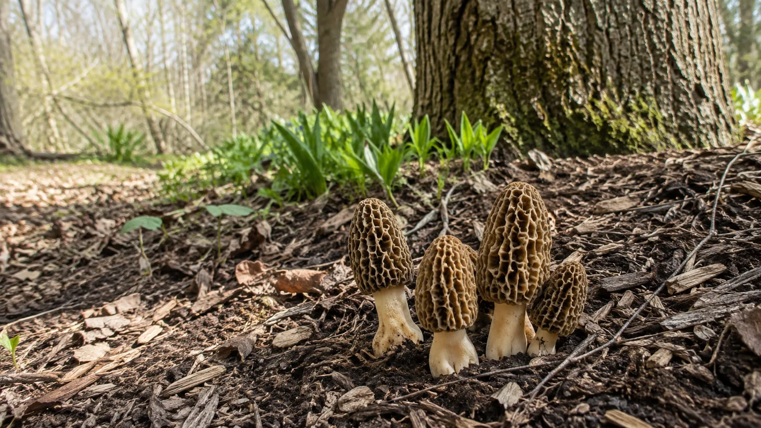 True morel mushrooms emerging from a shaded woodland-edge garden bed