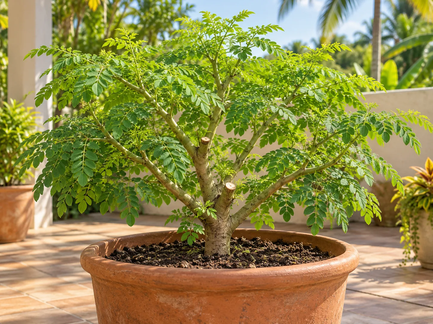 A compact, pruned Moringa tree in a deep pot, branching low for an easy leaf harvest.