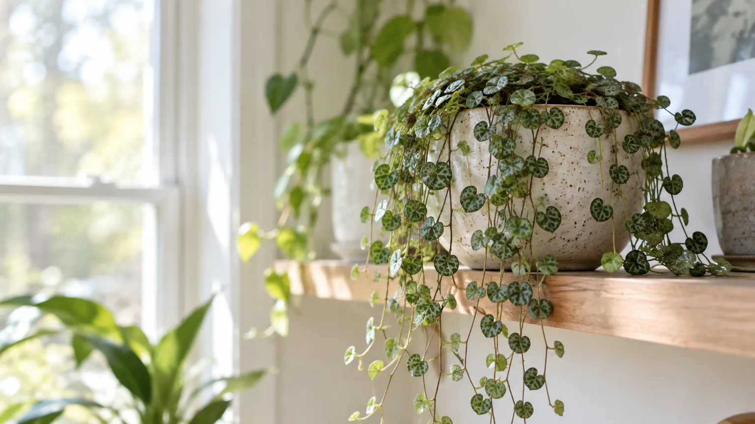 Healthy String of Turtles with patterned round leaves trailing from a pot in filtered window light