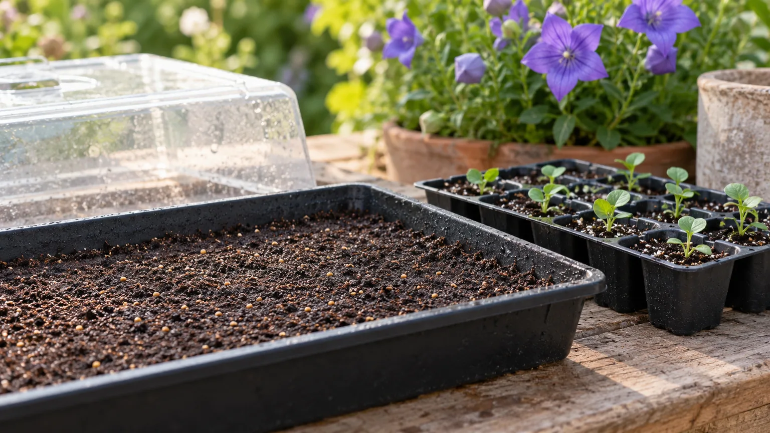 Surface-sown balloon flower seeds beside young seedlings in deep cells