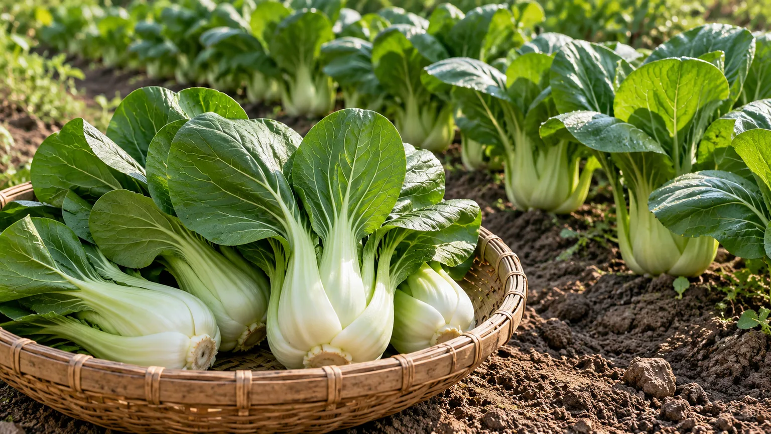 Freshly harvested bok choy heads in a basket beside the remaining garden row