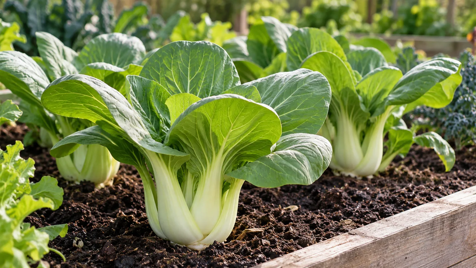 Healthy bok choy growing in a raised garden bed