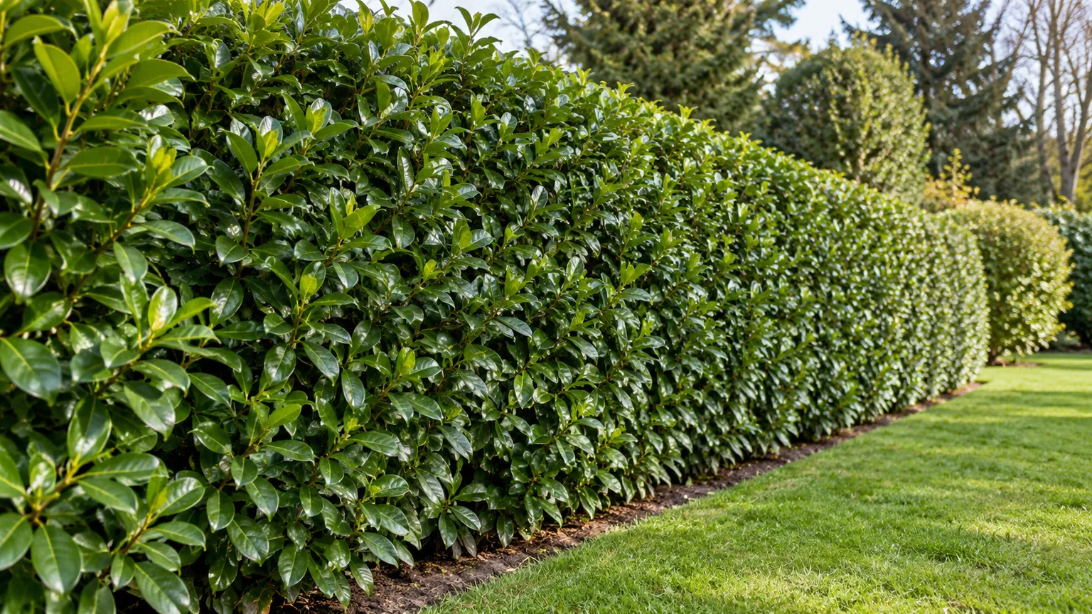 A dense cherry laurel hedge with its base wider than the top