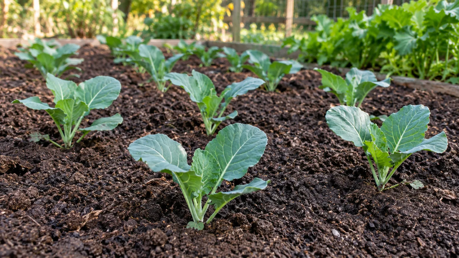 Young collard seedlings spaced in a prepared outdoor vegetable bed.
