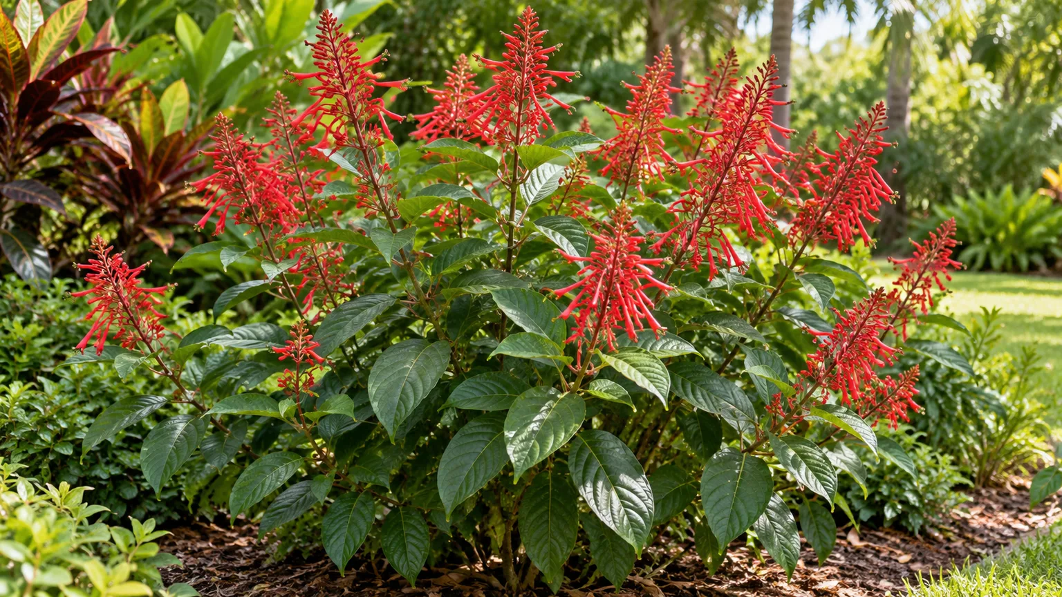Firespike shrub with glossy green leaves and vivid red flower spikes in a subtropical garden