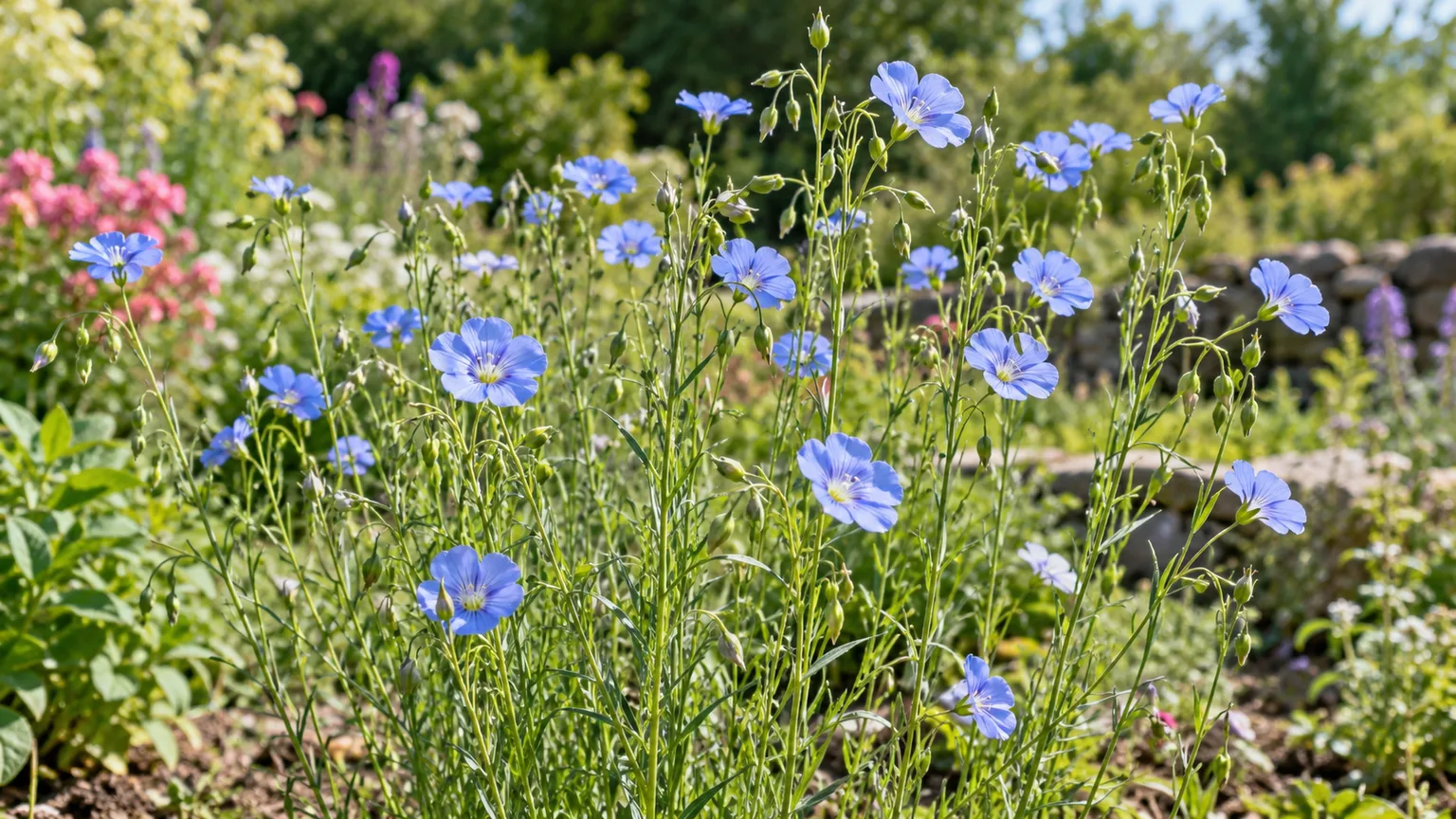 Common flax blooming with pale blue flowers in a sunny garden
