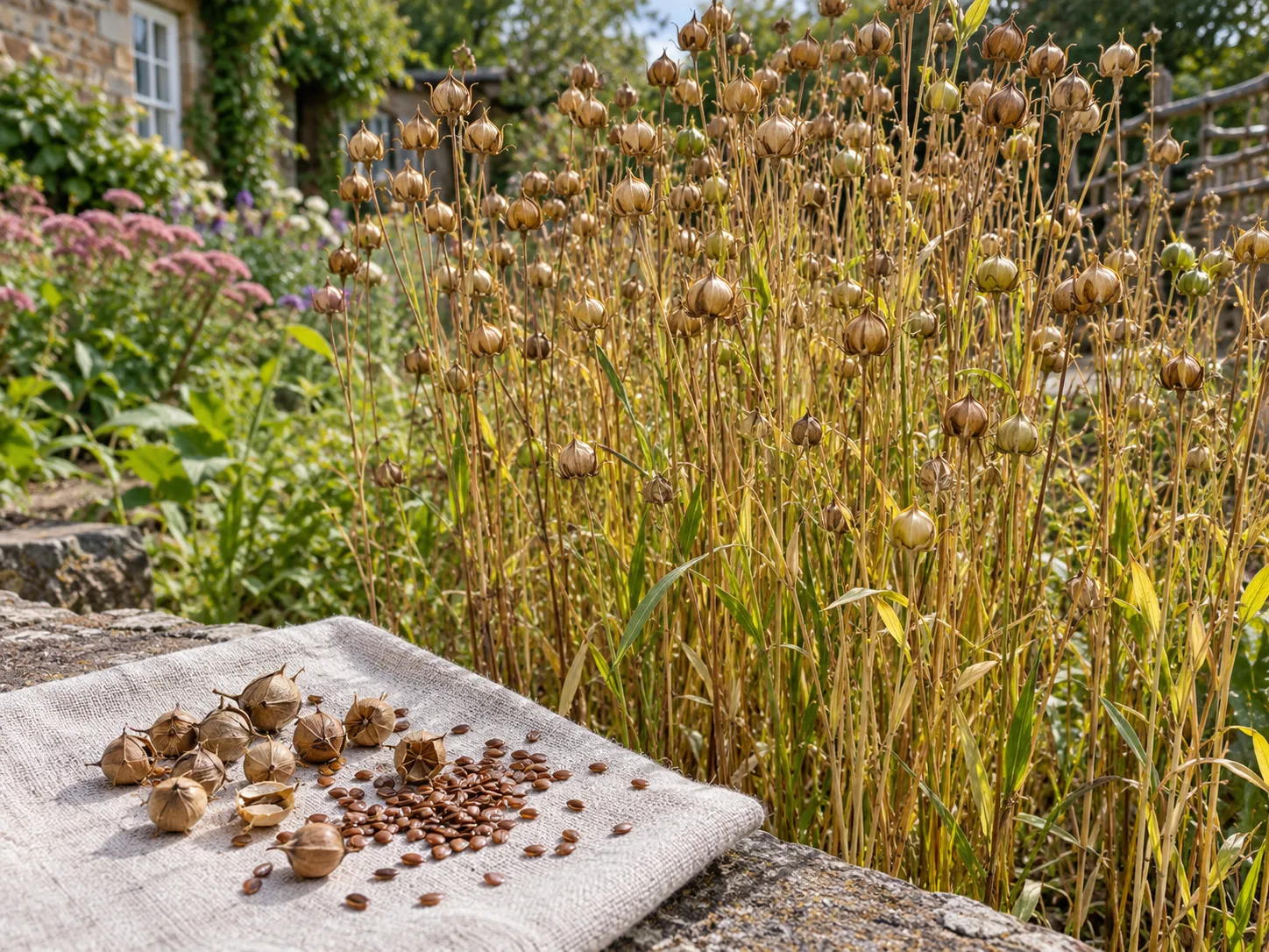 Dry flax seed capsules and seeds ready for threshing