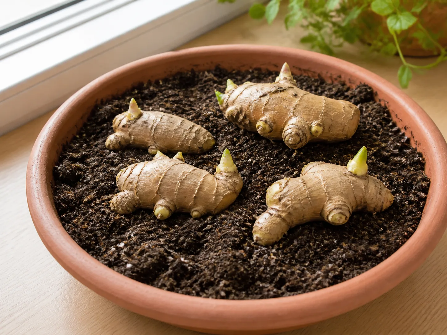 Fresh ginger rhizomes with swollen buds beginning to sprout in lightly moist soil