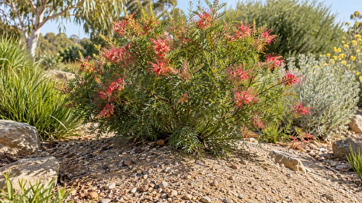 A flowering Grevillea growing on a raised, freely draining gravelly mound.