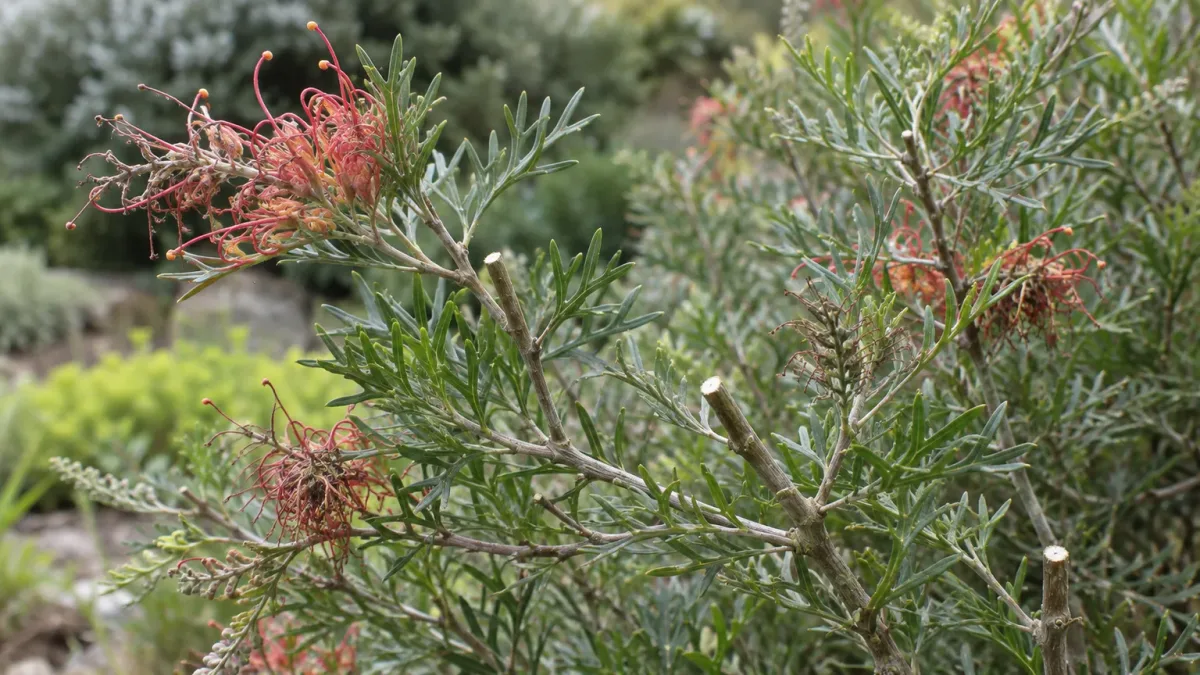 A lightly pruned Grevillea with spent flowers removed and green, leafy tips left on the branches.