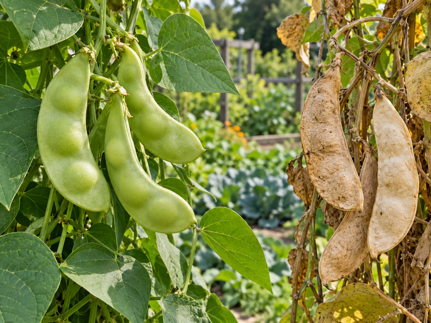 Fresh green lima pods and mature dry lima pods show two different harvest stages