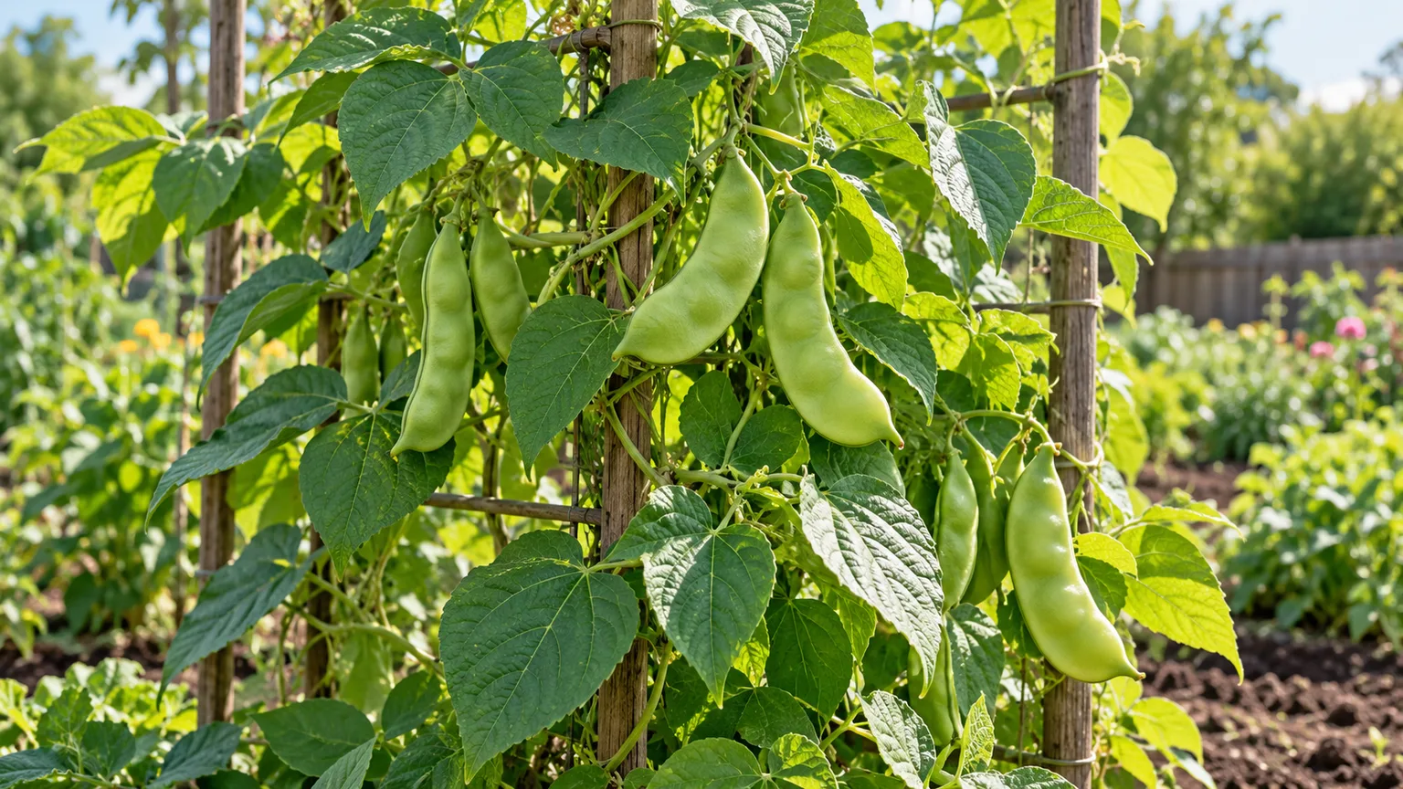 Lima bean vines with broad green pods climbing a garden trellis
