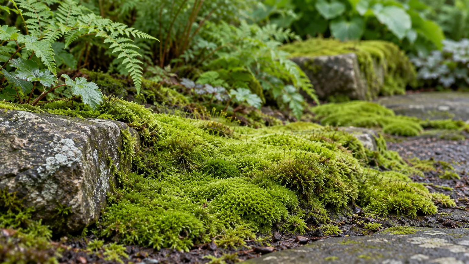 A carpet of true moss growing over damp soil and stones in a shaded garden
