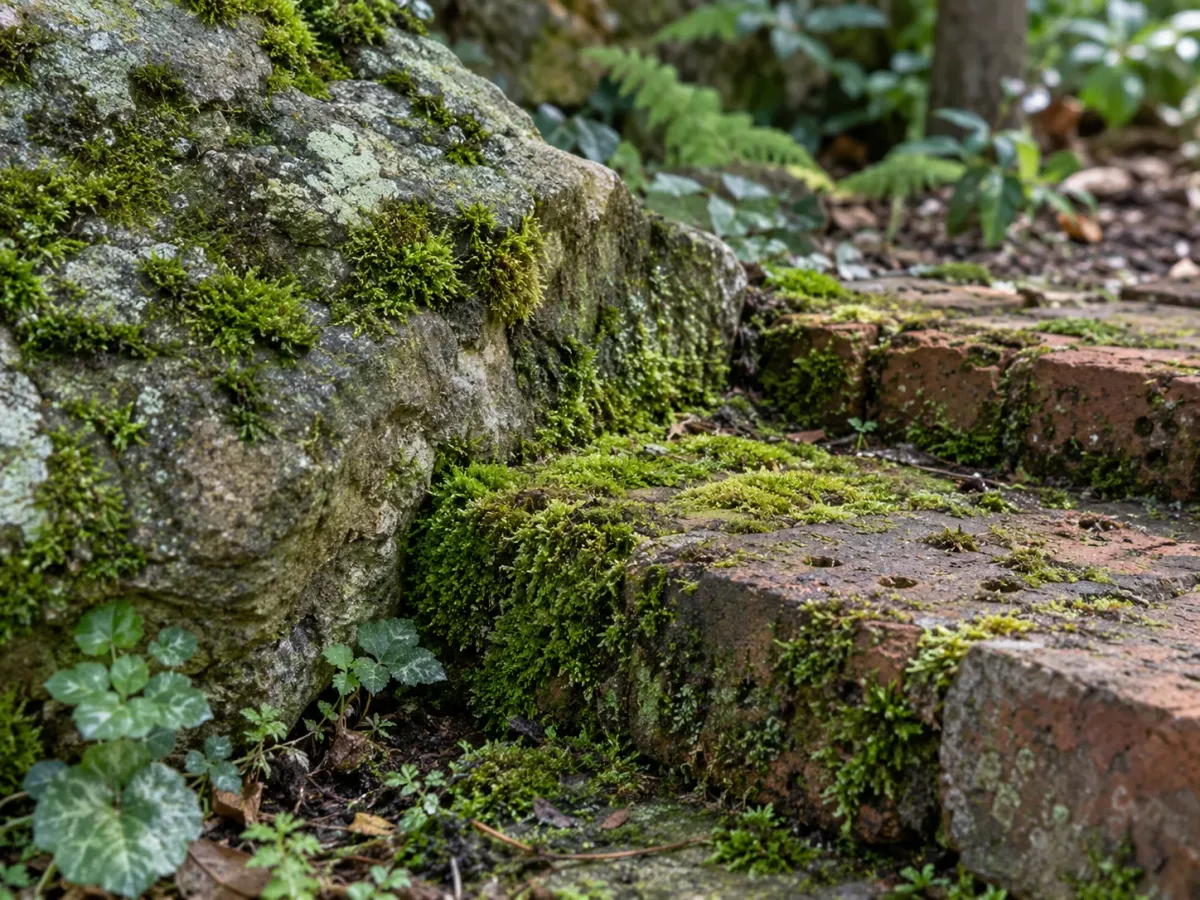 True moss growing in the crevices of shaded stone and brick