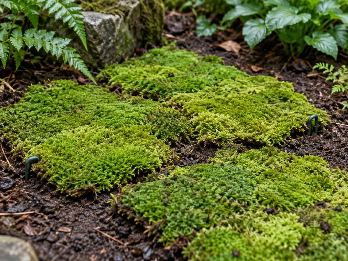 Live moss sheets laid green-side up and pinned against damp garden soil