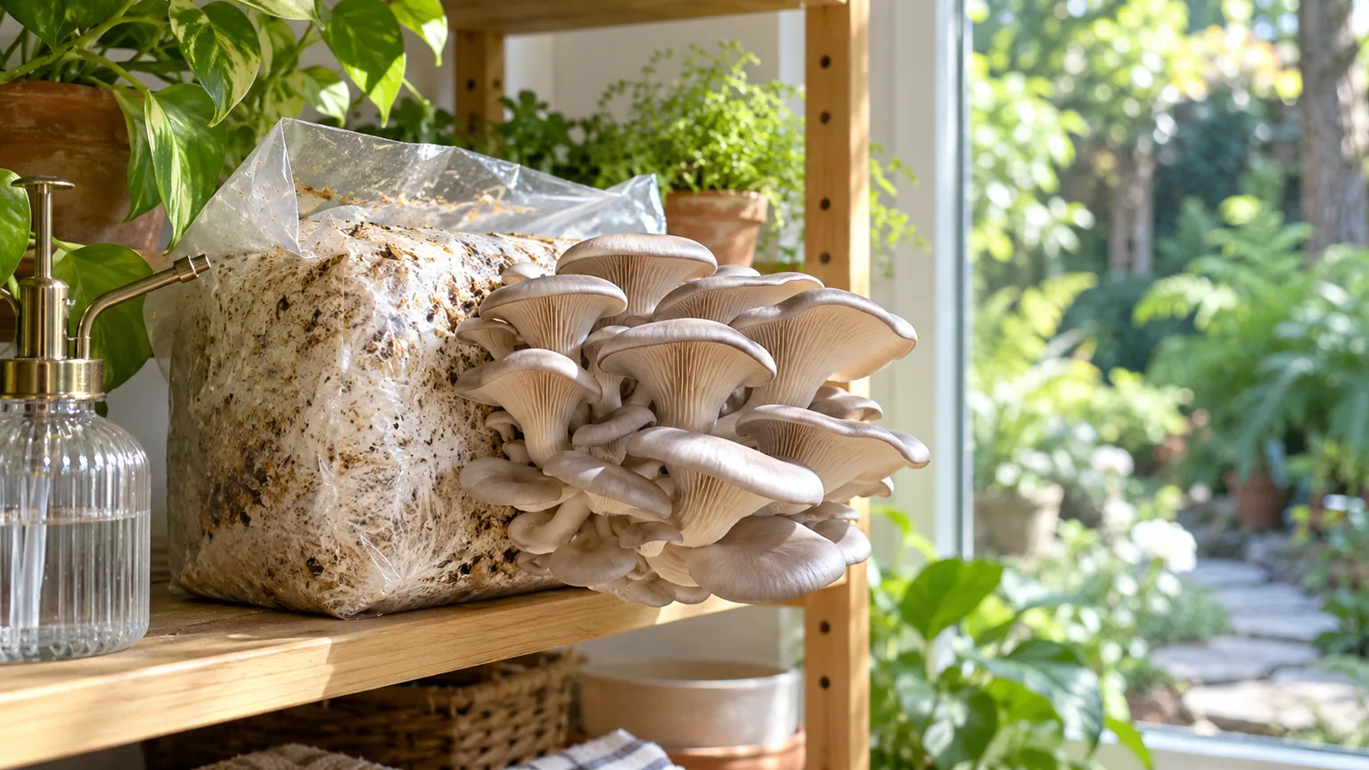 A ready-to-fruit oyster mushroom kit with a fresh cluster growing from its colonized block
