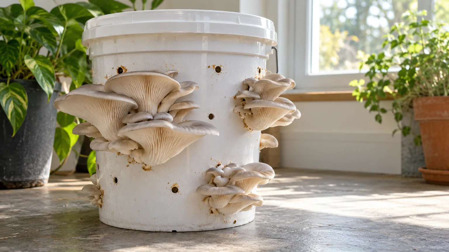 Clusters of pearl oyster mushrooms fruiting from the holes of a clean food-grade bucket