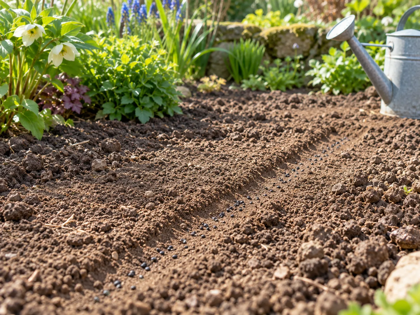 Tiny Nigella seeds pressed into a prepared outdoor seedbed