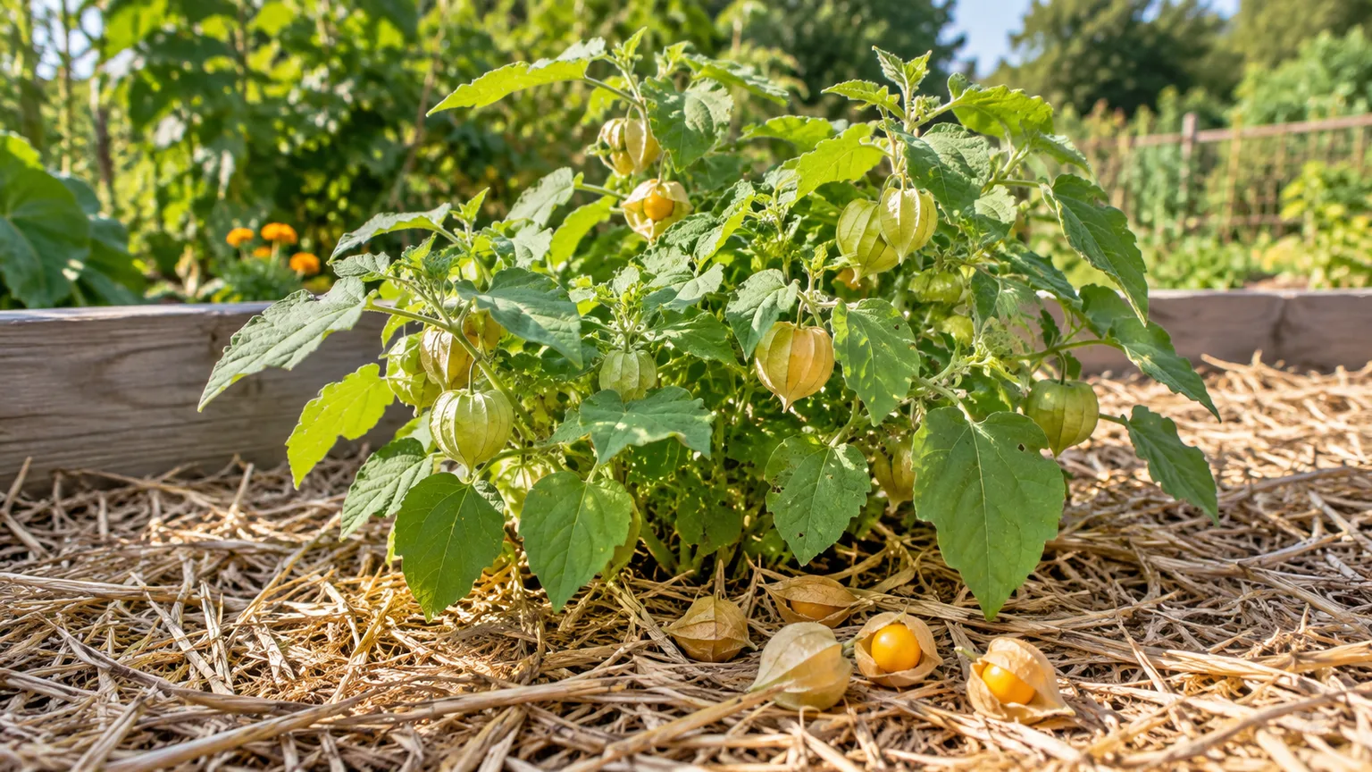 A ground cherry plant with papery husks and ripe golden fruit in a sunny garden bed.