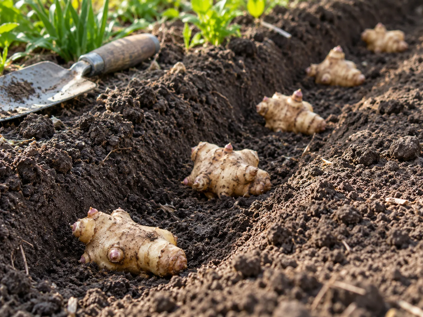 Jerusalem artichoke tubers spaced in a shallow planting furrow