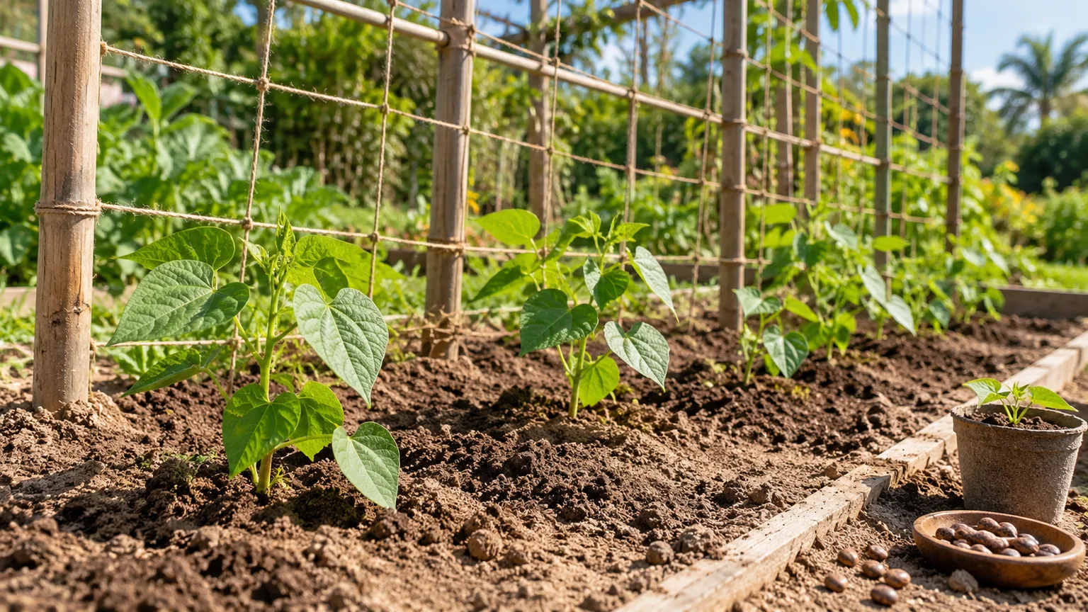 Young jicama seedlings in a loose vegetable bed beside a sturdy trellis